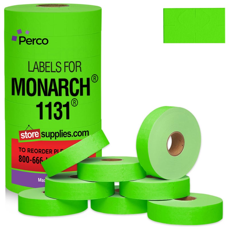 Perco Fluorescent Green Pricing Labels for Monarch 1131 Price Gun - 1 Sleeve, 8 Rolls, 20,000 Price Marking Labels - with Ink Roll Included - Image 1